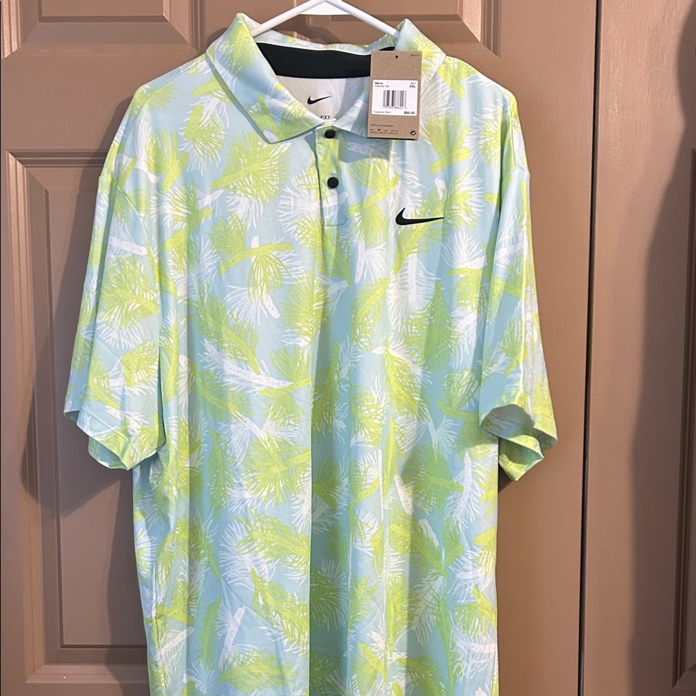 Nike Men’s Light Blue & Lime Palm-Print Golf Polo